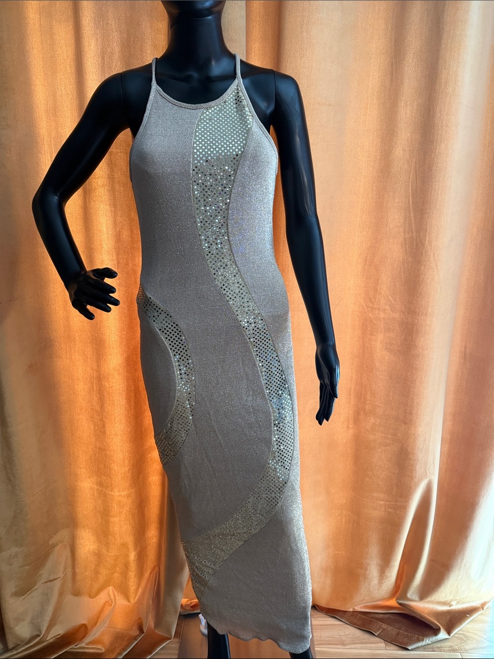 Jump Metallic Champagne Maxi Dress with Sequin Wave Panels